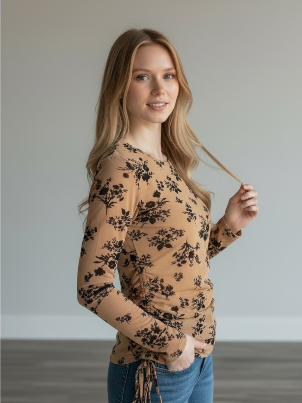 Floral Ruched Tan Long Sleeve Top with Adjustable Ties